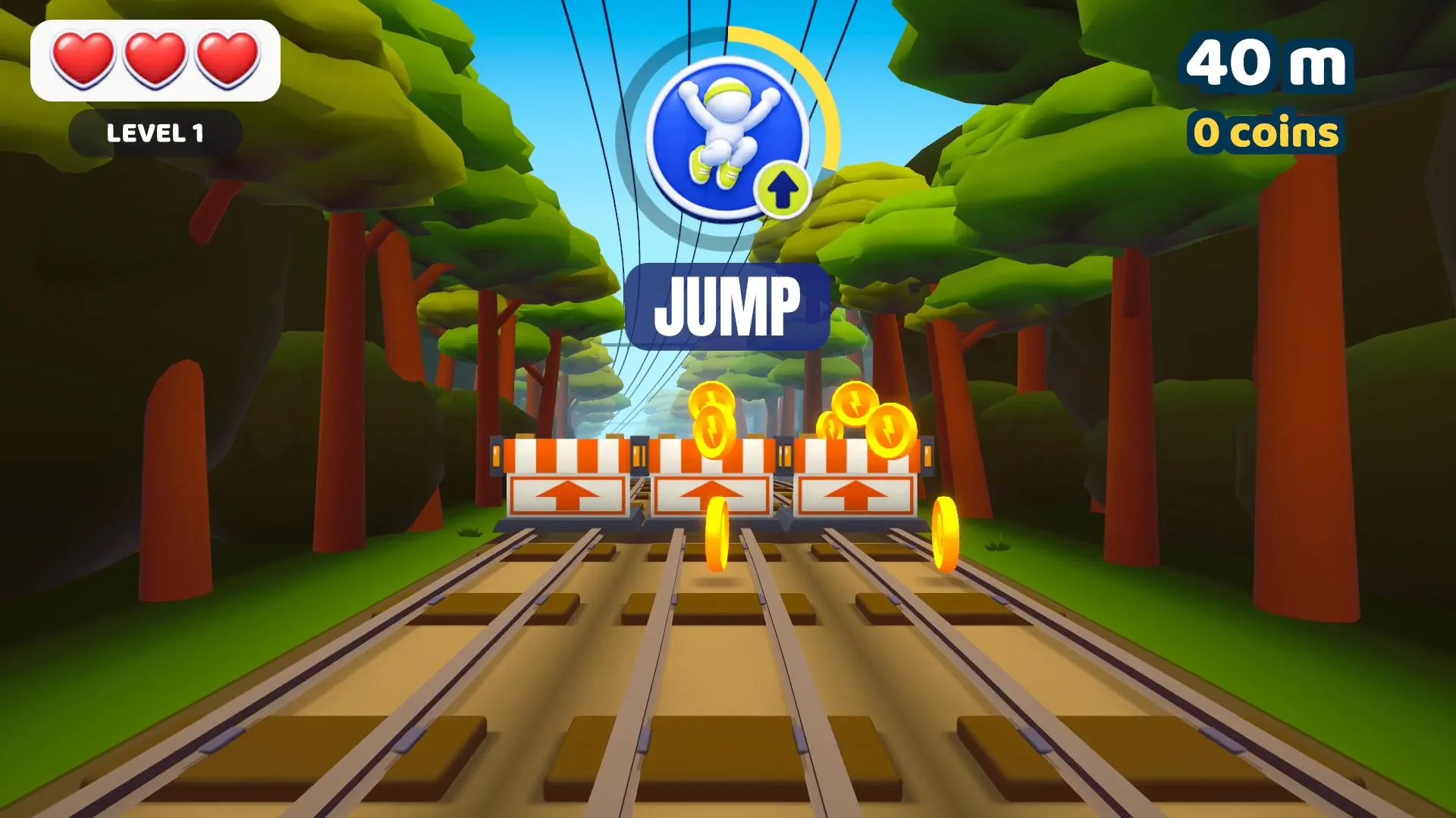 A barrier across the track with a JUMP cue and coins above it