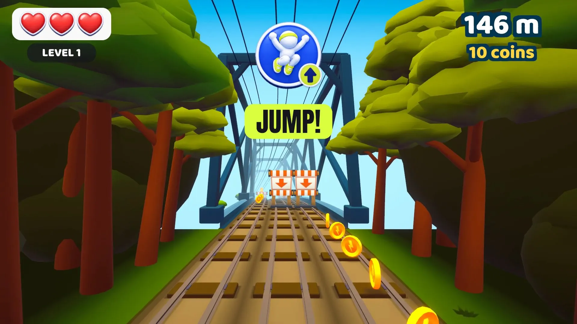 The track crossing a steel bridge, with a JUMP cue