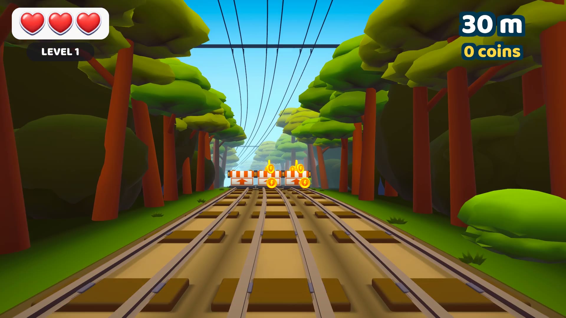 Gameplay: the runner on a forest track, a barrier and coins ahead